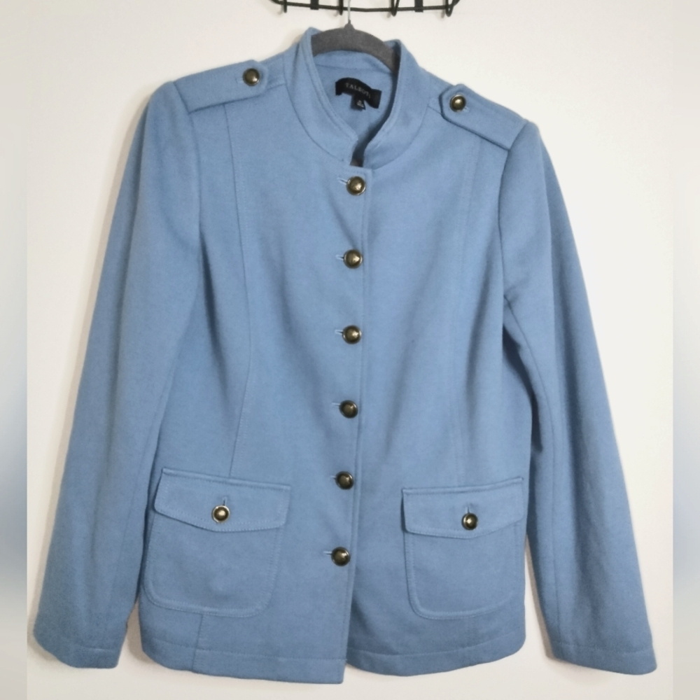 Talbots (Size 10) Blue Button Down Front Button Pockets LS Band Knit Jacket